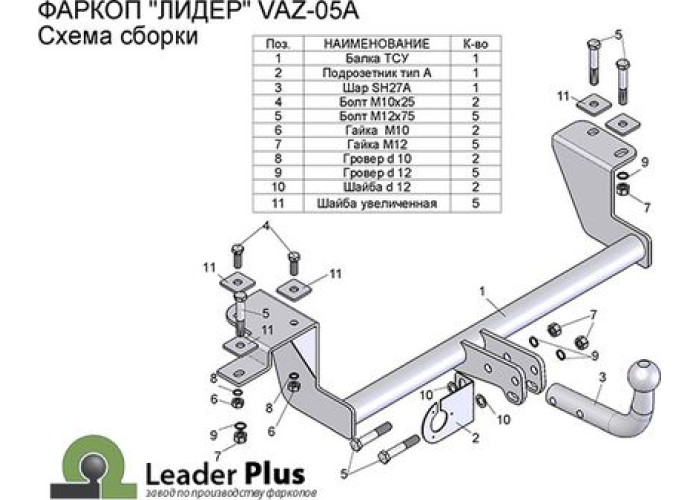 Фаркоп Лидер-Плюс для ВАЗ 2110 1995-2014. Артикул VAZ-05A