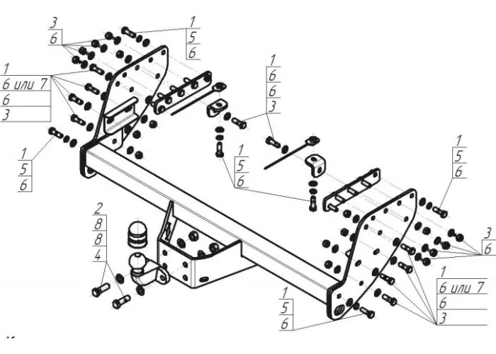 Фаркоп Мотодор оцинкованный для Mitsubishi L200 IV 2005-2015 (кроме Long). Фланцевое крепление. Артикул 91301-F